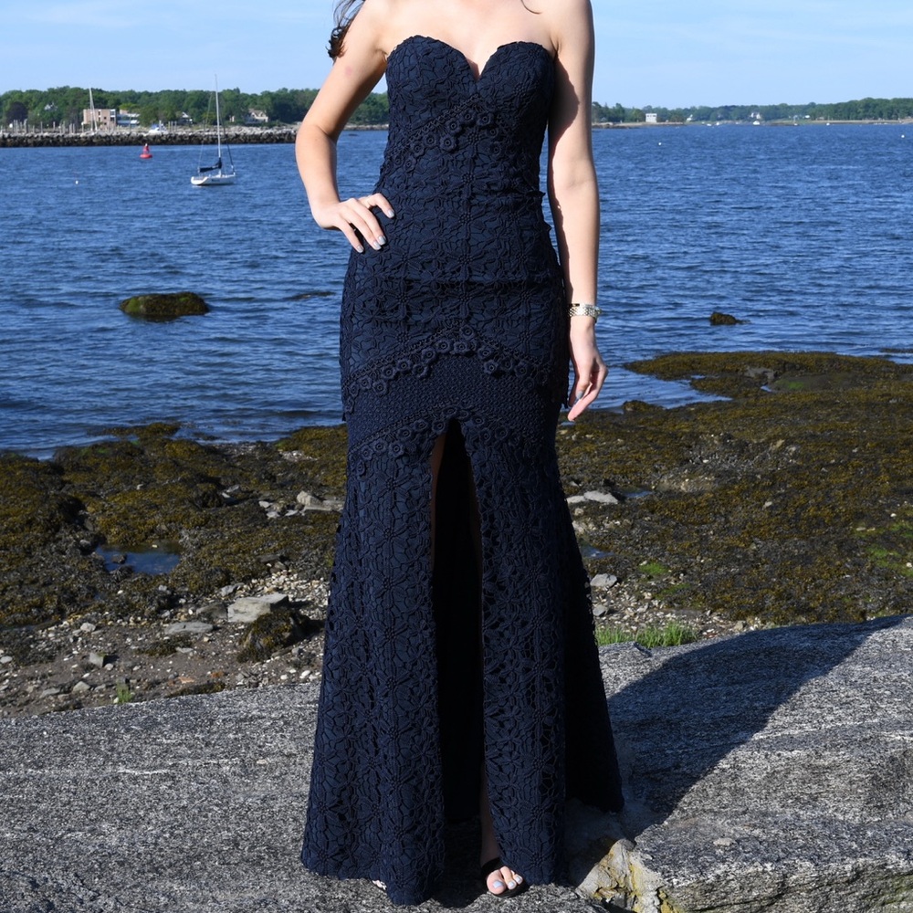 Bariano Floral Lace Strapless Gown